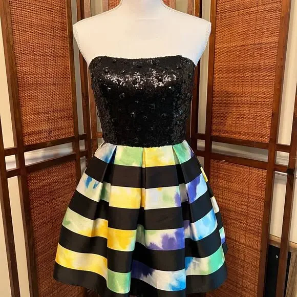 Mon Cheri Striped Mini Dress Cocktail Dress Prom Homecoming Size 6 - Picture 2 of 12